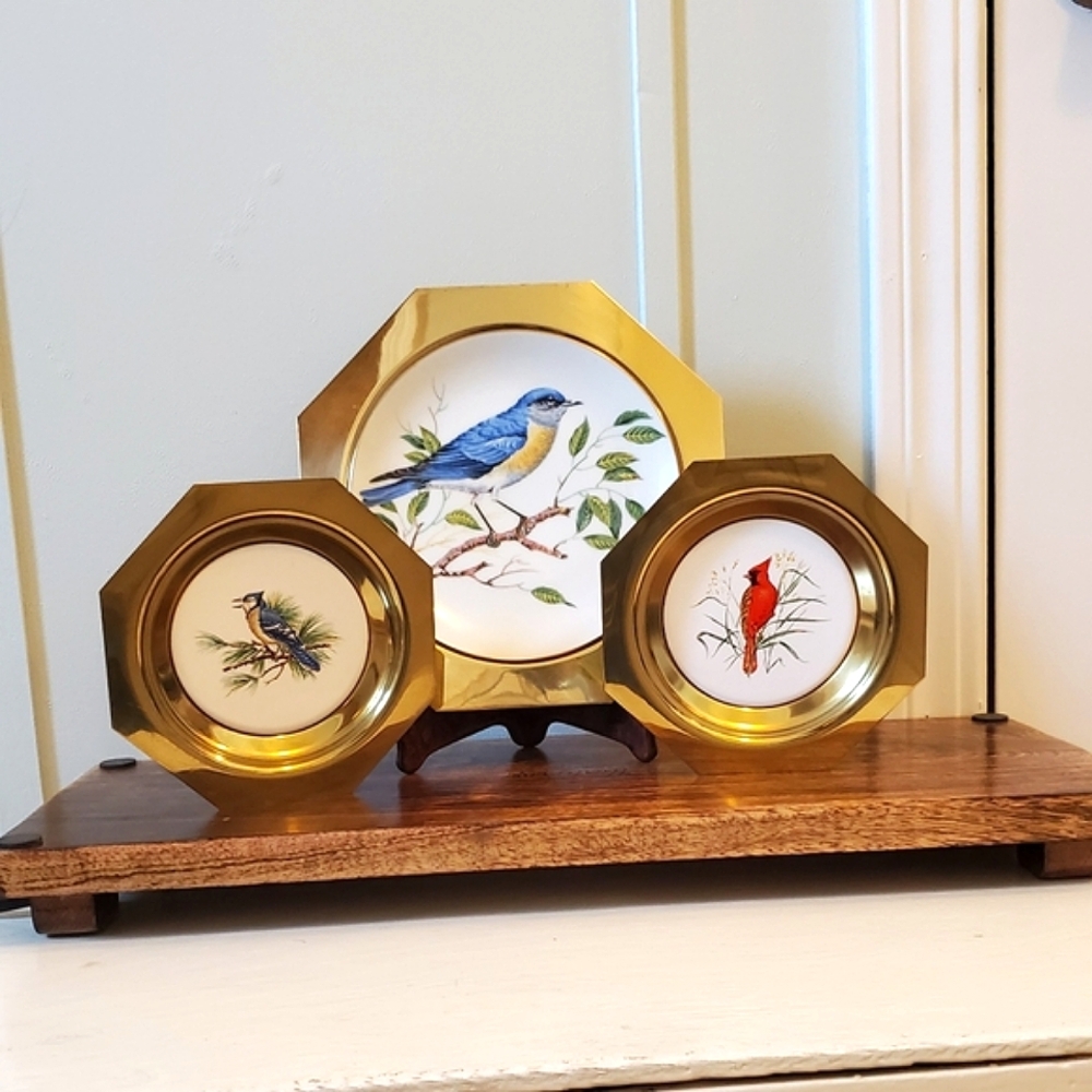 Vintage Fantasy Solid Brass Porcelain Wall Hangings Cardinal Blue Jay Blue Birds